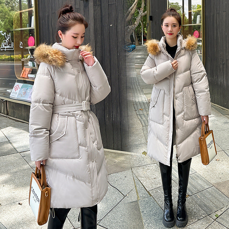 winter Russia's new commuter simple casual trench coat medium and long large fur collar down cotton coat women