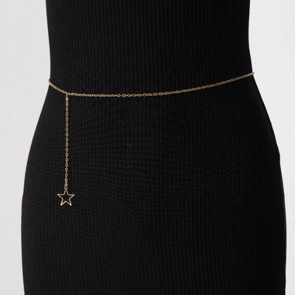 FB3385 2025 waist chain alloy hollow pentagram fringed pendulum chain pendant metal thin chain waist chain