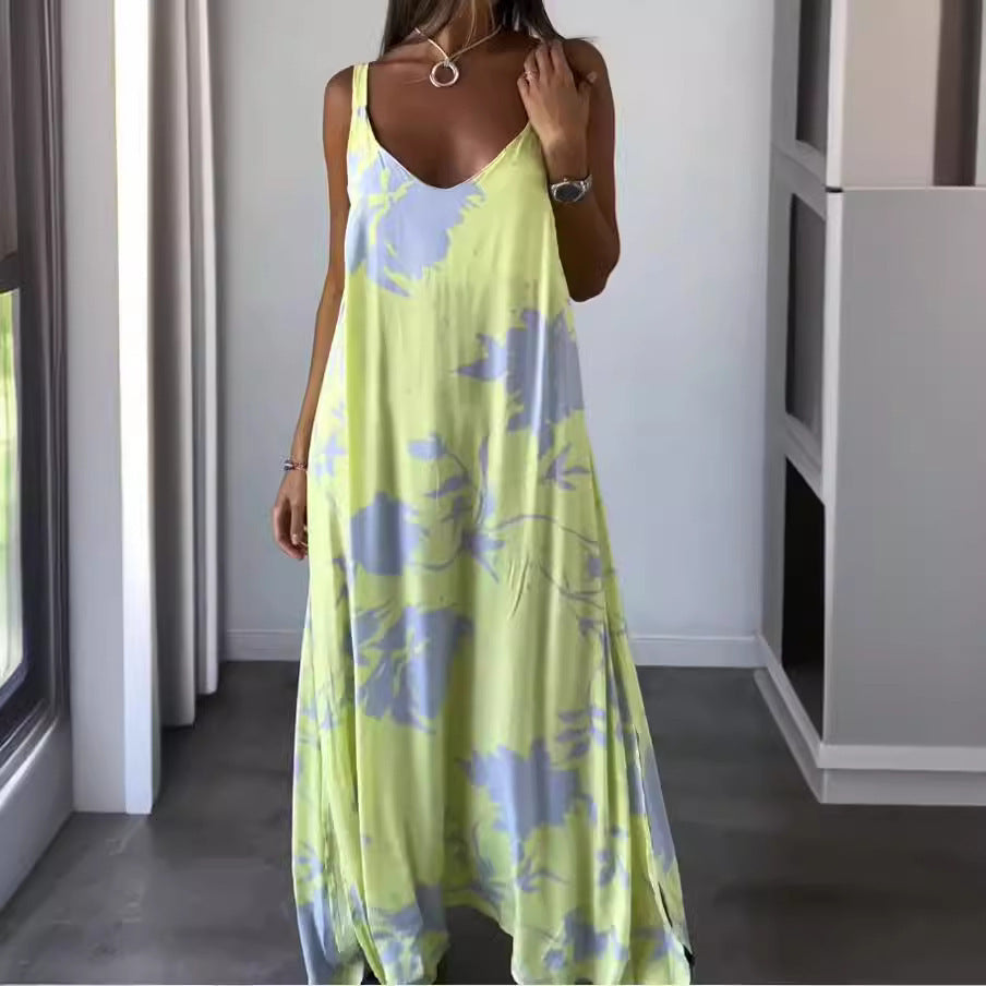 Zllk Summer Cross-Border European and American Women's Clothing New Vacation Dress Printed Strap Backless V-neck Dress