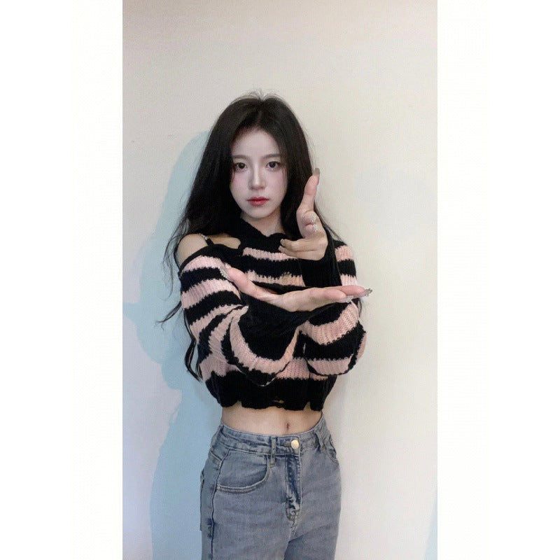 Small Spice Girl Chain Off-Shoulder Pink Pullover Hollow Striped Short Long Sleeve Knitted Sweater Top Women's Autumn and Winter
