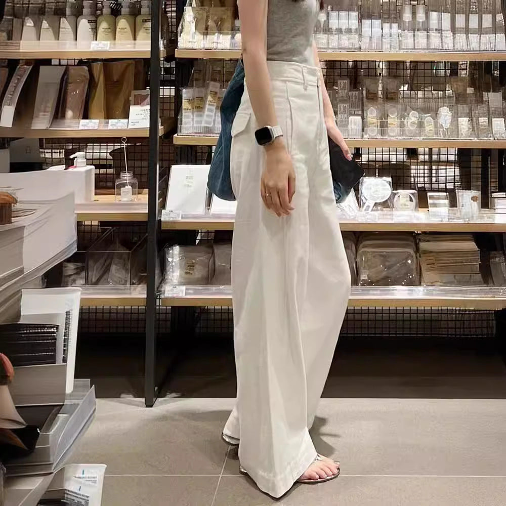 ZllKl Early Spring New Small White Cotton Linen Wide Leg Pants High Waist Drooping Slimming Straight Casual Pants Women's Clothing