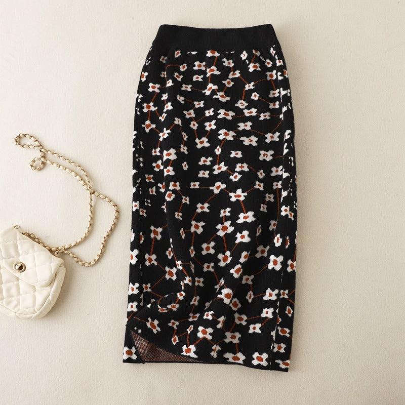 ZllKl Knitted skirt high waist hip skirt a-shaped skirt medium and long autumn clothing New new women's winter skirt floral skirt