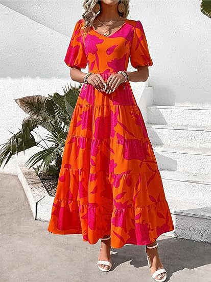 ZllKl European and American Foreign Trade Cross-Border Women's Clothing Bubble Sleeve Pleated Backless Print Layered Short Sleeve Dress