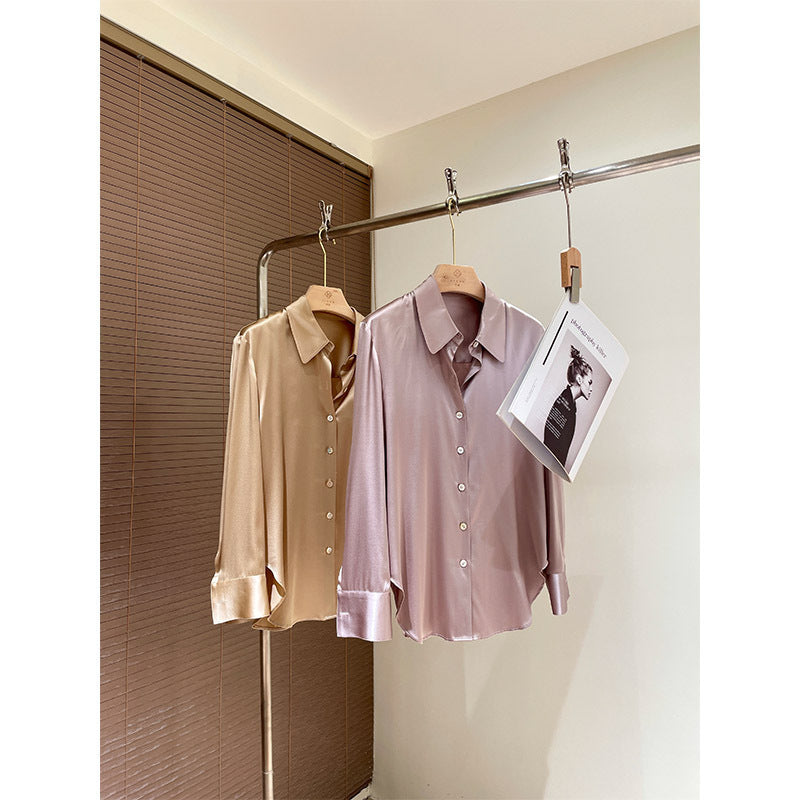Silk shirt women's popular spring new solid color glossy pointed neck long-sleeved mulberry silk shirt