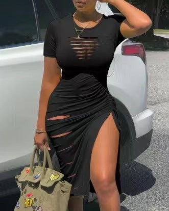 ZllKl European and American Sexy round Neck Short Sleeve Ripped Slit Pleated Dress