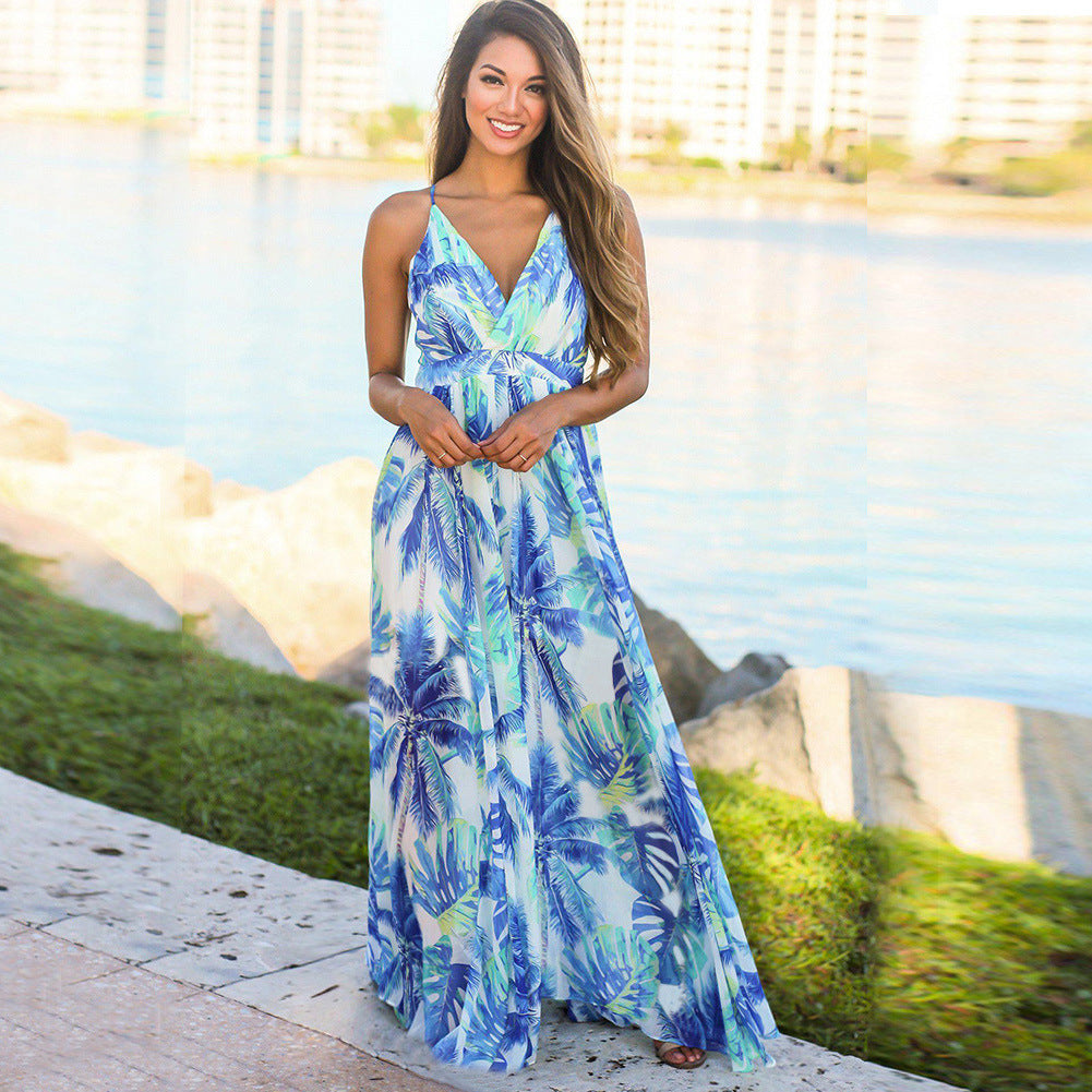ZllKl Dress Summer New Women's Long Dress Cross Border Hot Suspender Skirt Printed Beach Long Dress