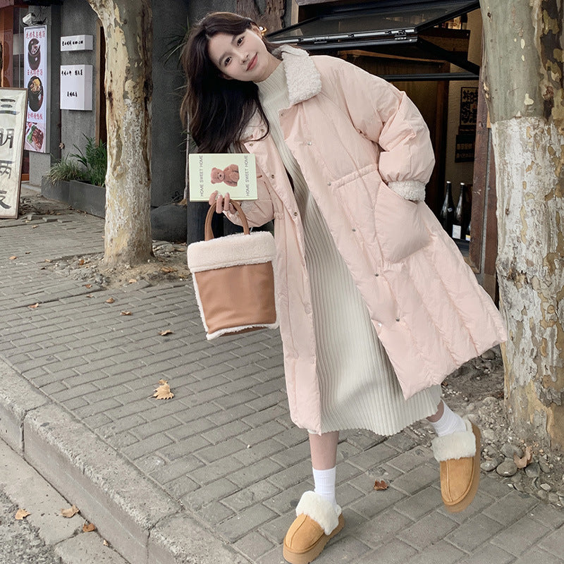 2023 winter new medium and long single-breasted waist lamb wool down jacket, solid color down jacket for women