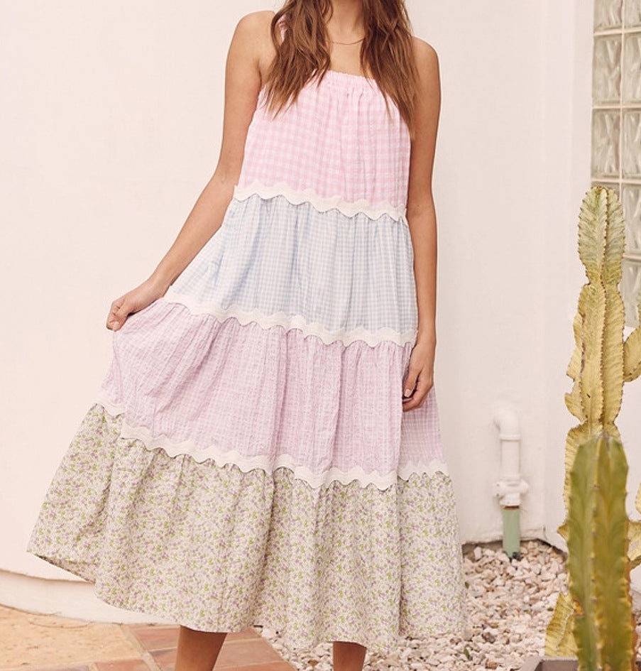 Zllk Summer New Cross-Border European and American Women's Clothing Wave Pattern Suspender Dress Multicolor Printing Cake Dress