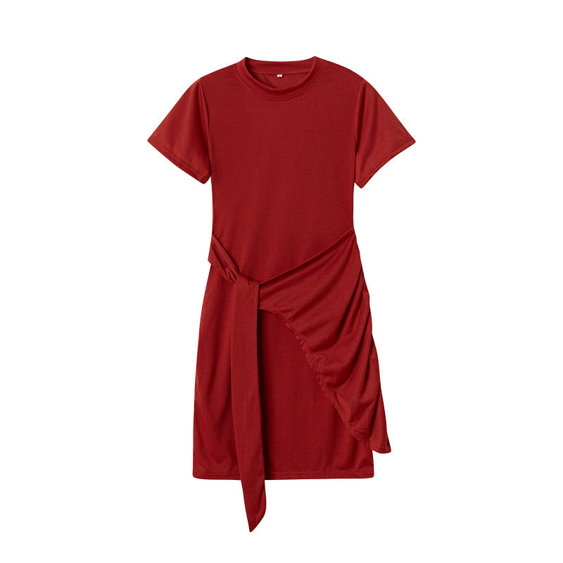 ZllKl European and American Popular Short Sleeve round Neck Pleated Bow Belt Irregular Dress