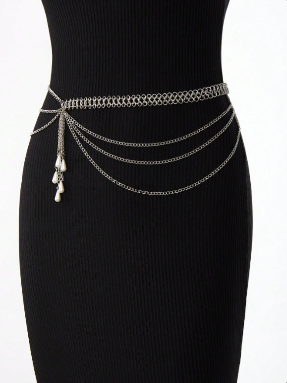 FB3360 2025 waist chain water drop pearl fringed chain pendant multi-layer wave pendulum chain waist chain waist decoration