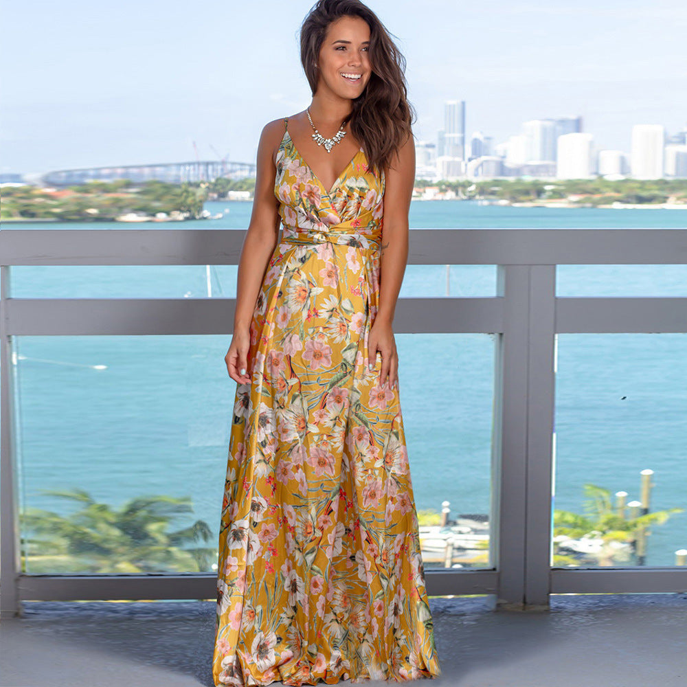 ZllKl Dress Summer New Women's Long Dress Cross Border Hot Suspender Skirt Printed Beach Long Dress