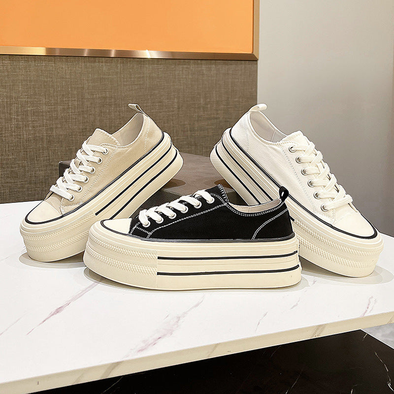 ZllKl Women's Thick-Soled Canvas Shoes Summer New Korean Style Casual Sneaker round Toe Lace-up Sneakers All-Match White Shoes