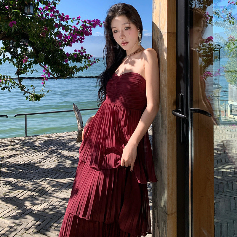 2025 pleated temperament skirt tube top cake skirt pleated high-end dress dress long skirt to ankle super long