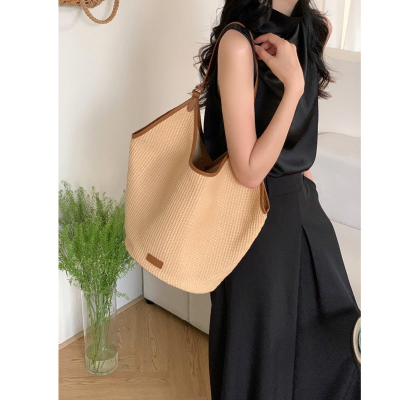 ZllKl Straw Large Capacity Bag Female Tote Bag New Summer Casual Shoulder Big Bag Commuting Woven Bucket Bag