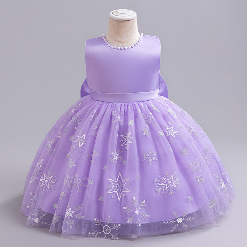 ZllKl Ice and Snow Mesh Princess Dress Neckline Pearl Birthday Dress Little Flower Girl Bow Girl Pettiskirt Dress