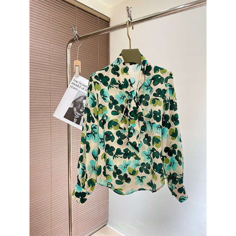 Silk shirt women's spring and summer new temperament long-sleeved mulberry silk shirt lace-up commuter niche temperament top