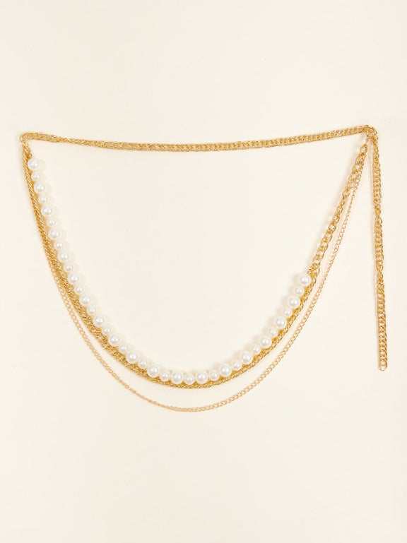 FB3363 2025 waist chain simple pearl chain metal chain wavy tassel side pendulum chain combined waist chain