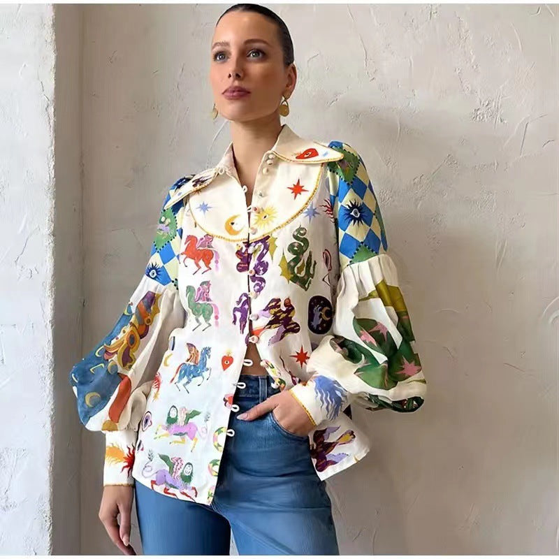 zllkl Autumn New Niche Design Single-Breasted Lapel Print Lantern Sleeve Temperament Long Sleeve Shirt for Women