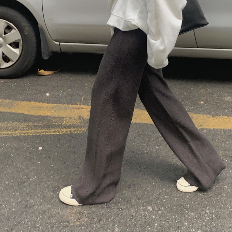 ZllKl Women's Twist-Covering Knitted Wide-Leg Pants Autumn and Winter High Waist Drooping Wool Mop Pants Lengthened Outer Wear Casual Straight Pants