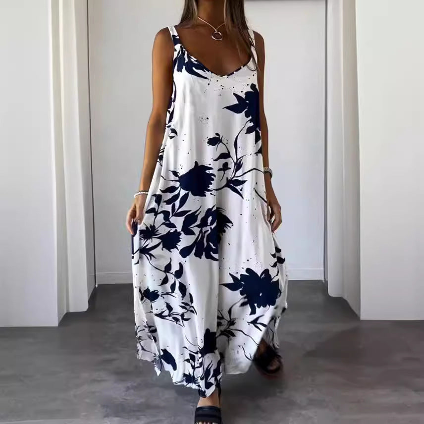 Zllk Summer Cross-Border European and American Women's Clothing New Vacation Dress Printed Strap Backless V-neck Dress