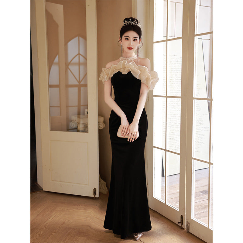 2025 Banquet temperament evening dress dress socialite black fishtail skirt high-end light luxury one-word shoulder host dress