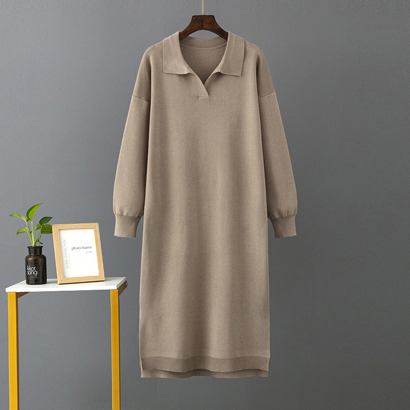 ZllKl 23 autumn and winter new 2025 Polo collar bottoming knitted long dress loose large size solid color women's dress