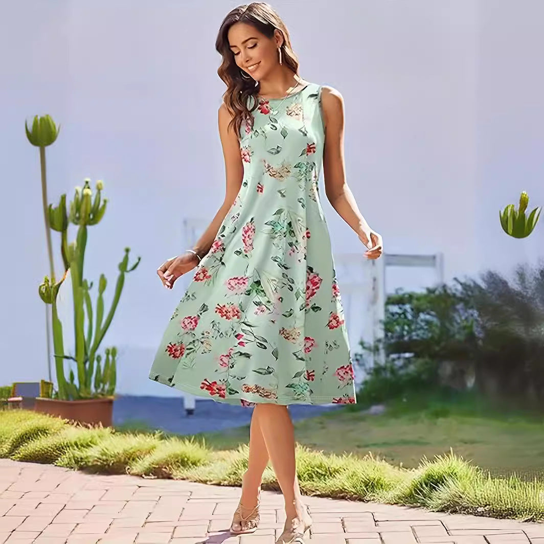 ZllKl Cross-Border Popular European and American Popular Elegant Multicolor Dinosaur Printed Vest Digital Printed round Neck Female Dress