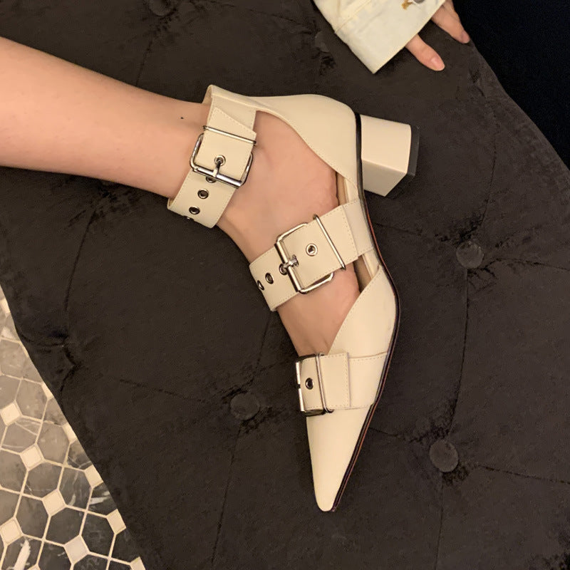 2025 Internet celebrity thick heel bag head sandals women's Roman straps shoes middle heel one word with rivets pointed shoes hollow single shoes