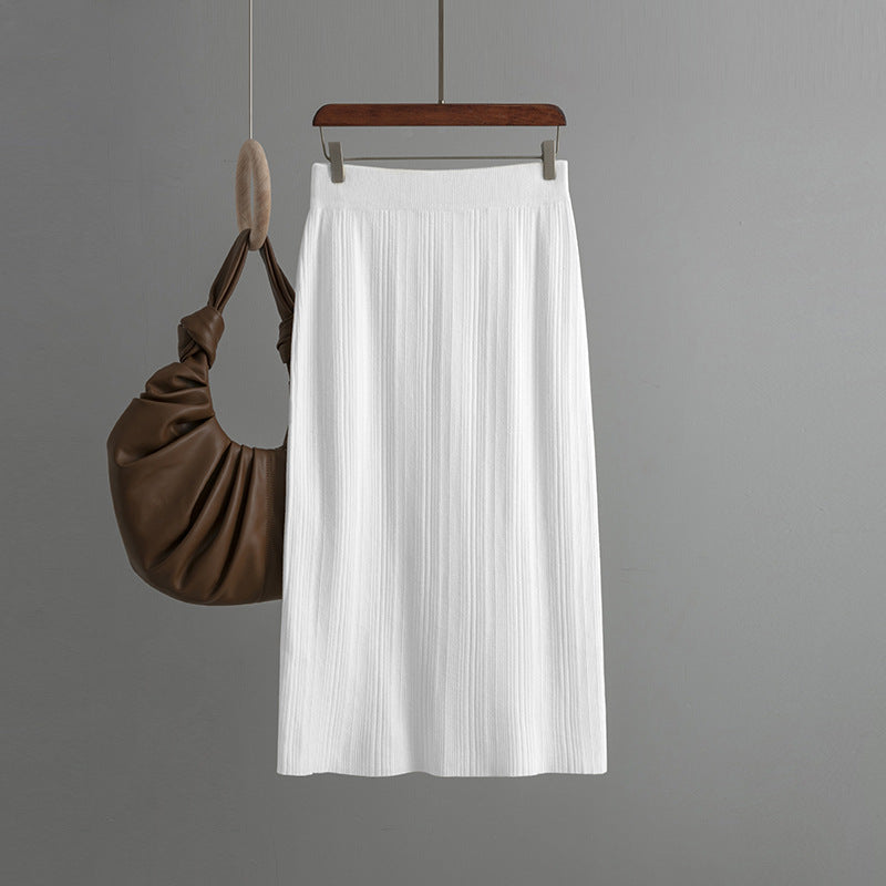 ZllKl Rear split knitted pit strip skirt solid color elastic waist elastic hip wrap temperament thin wool skirt autumn new