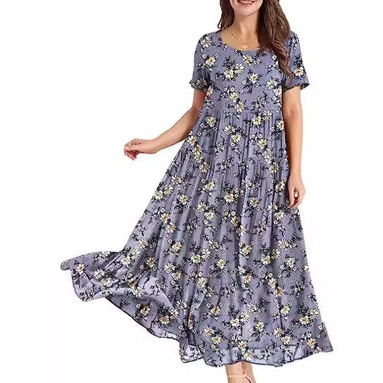 ZllKl Summer Beach Midi Dress Comfortable Pleated Dress Casual Loose Floral Dress