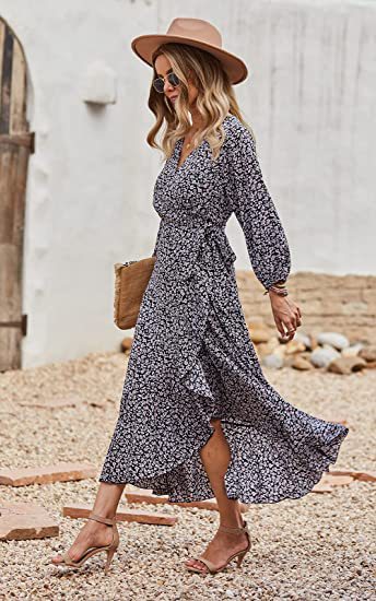 Zllk In Stock! European and American Foreign Trade Women's Long Sleeve Wrap Dress Flower Printed V-neck Autumn and Winter Dress