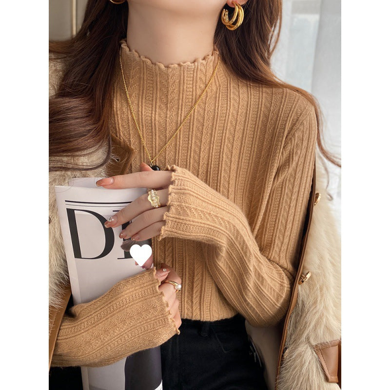 White bottoming shirt women's autumn and winter wear 2025 new semi-turtleneck fungus edge knitted sweater medium neck long-sleeved sweater