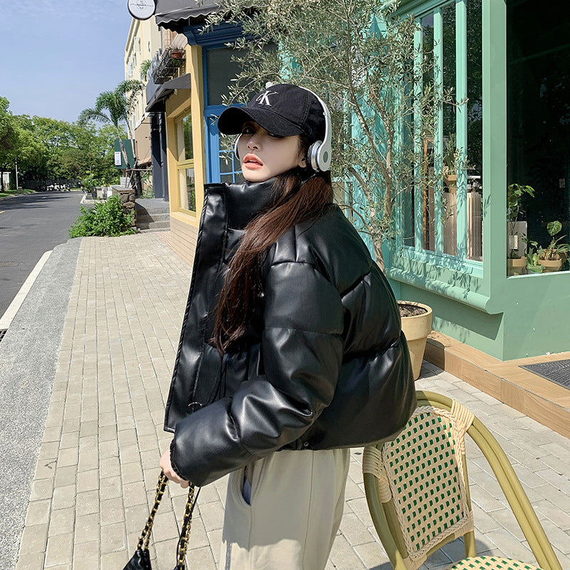 Real shot European and American retro pu leather cotton clothes women's winter new short fashion loose small bread clothes jacket
