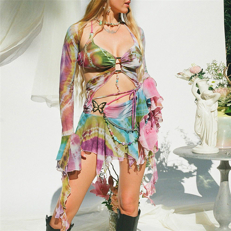 ZllKl European and American Women's Clothing Spring and Summer New Sweet Bell Sleeve Butterfly Print Lace-up Tassel Sexy Cutout Skirt Outfit