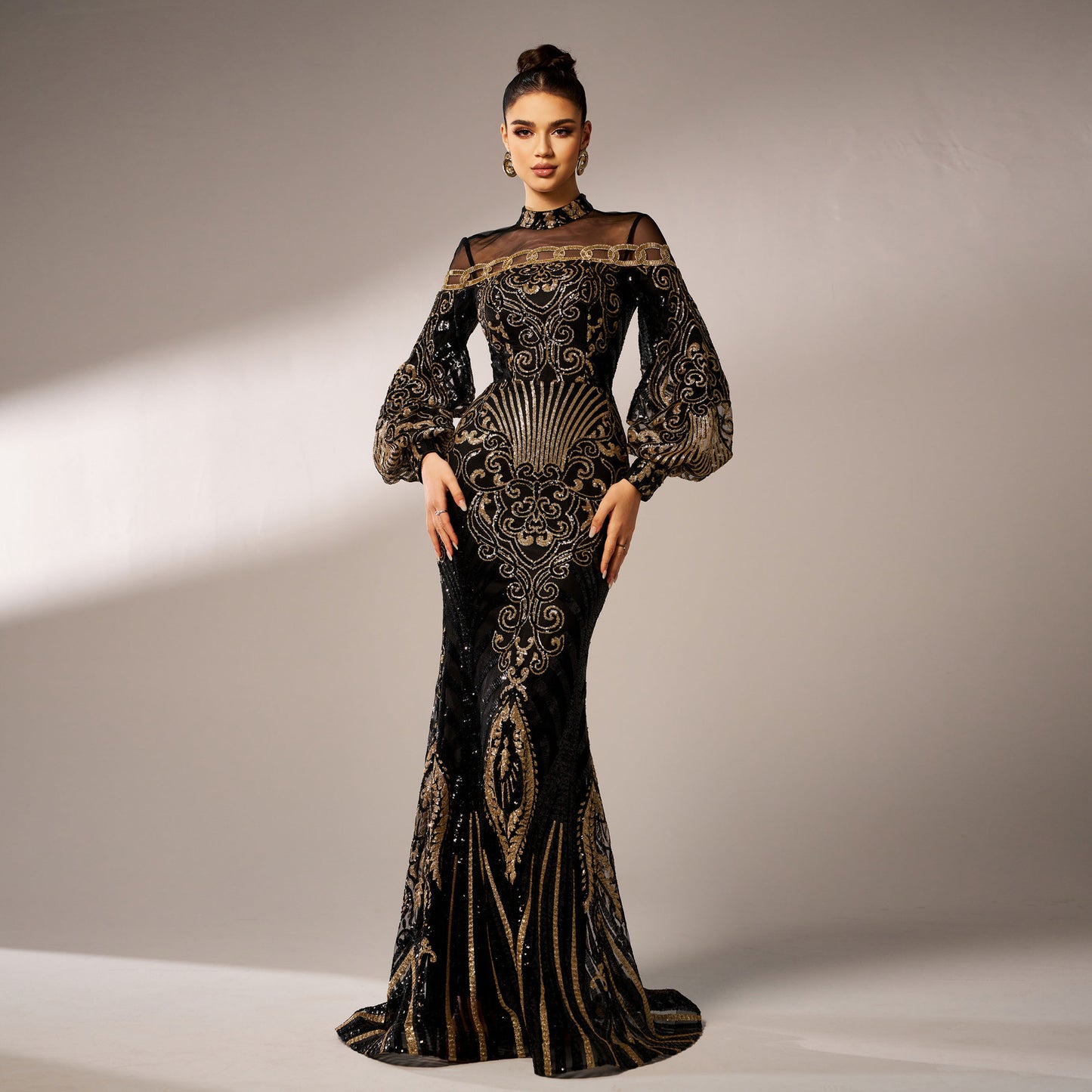 r 2025 new long-sleeved round neck long sequined banquet mesh fishtail evening dress bridesmaid dress women