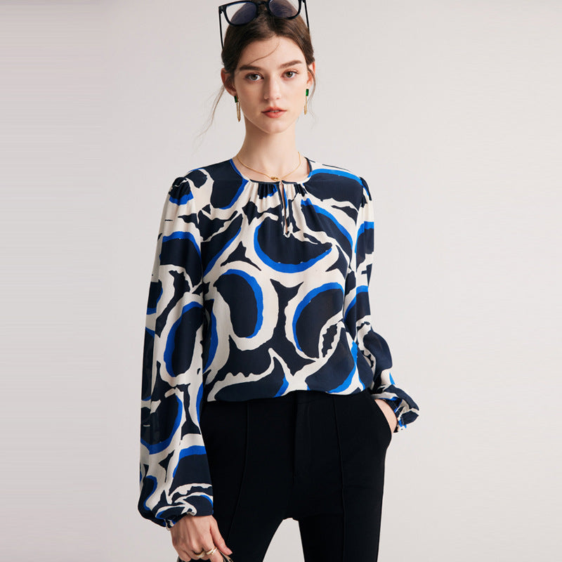Silk shirt women's spring and summer new double crepe printing round neck pullover commuter printing 100% mulberry silk top