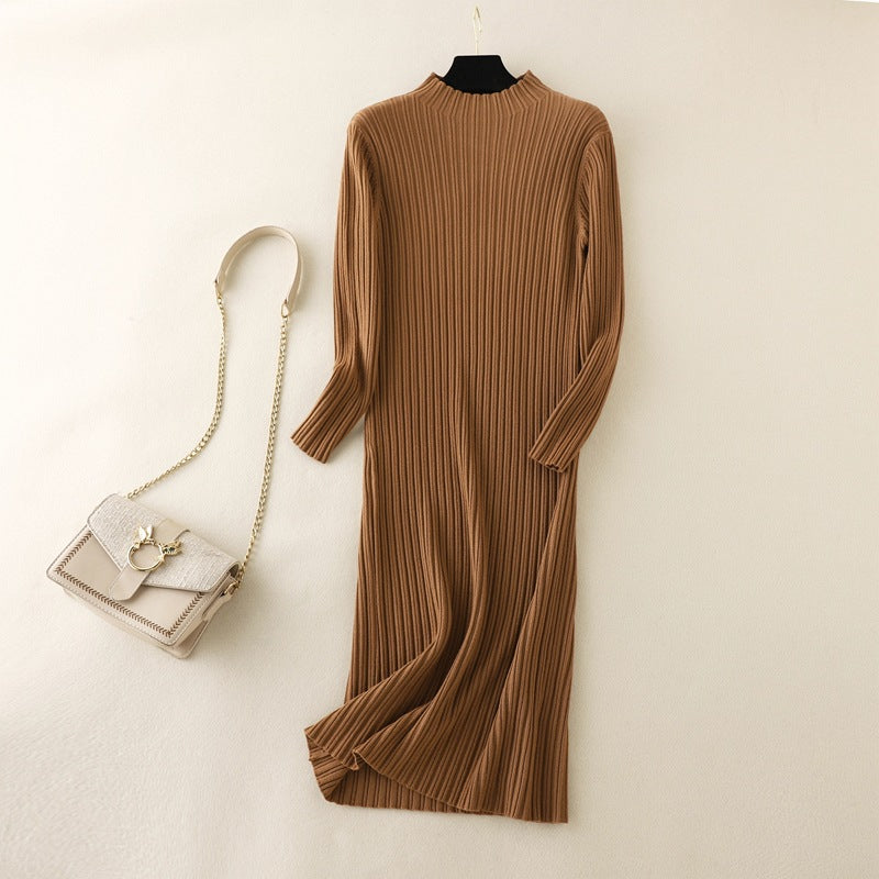ZllKl Winter knitted primer sweater skirt over knee long skirt with coat New new semi-turtleneck thickened dress
