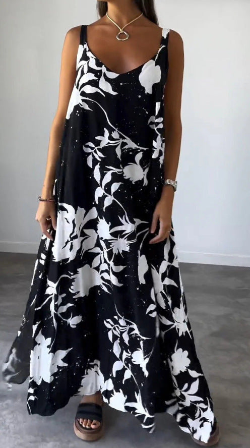 Zllk Summer Cross-Border European and American Women's Clothing New Vacation Dress Printed Strap Backless V-neck Dress