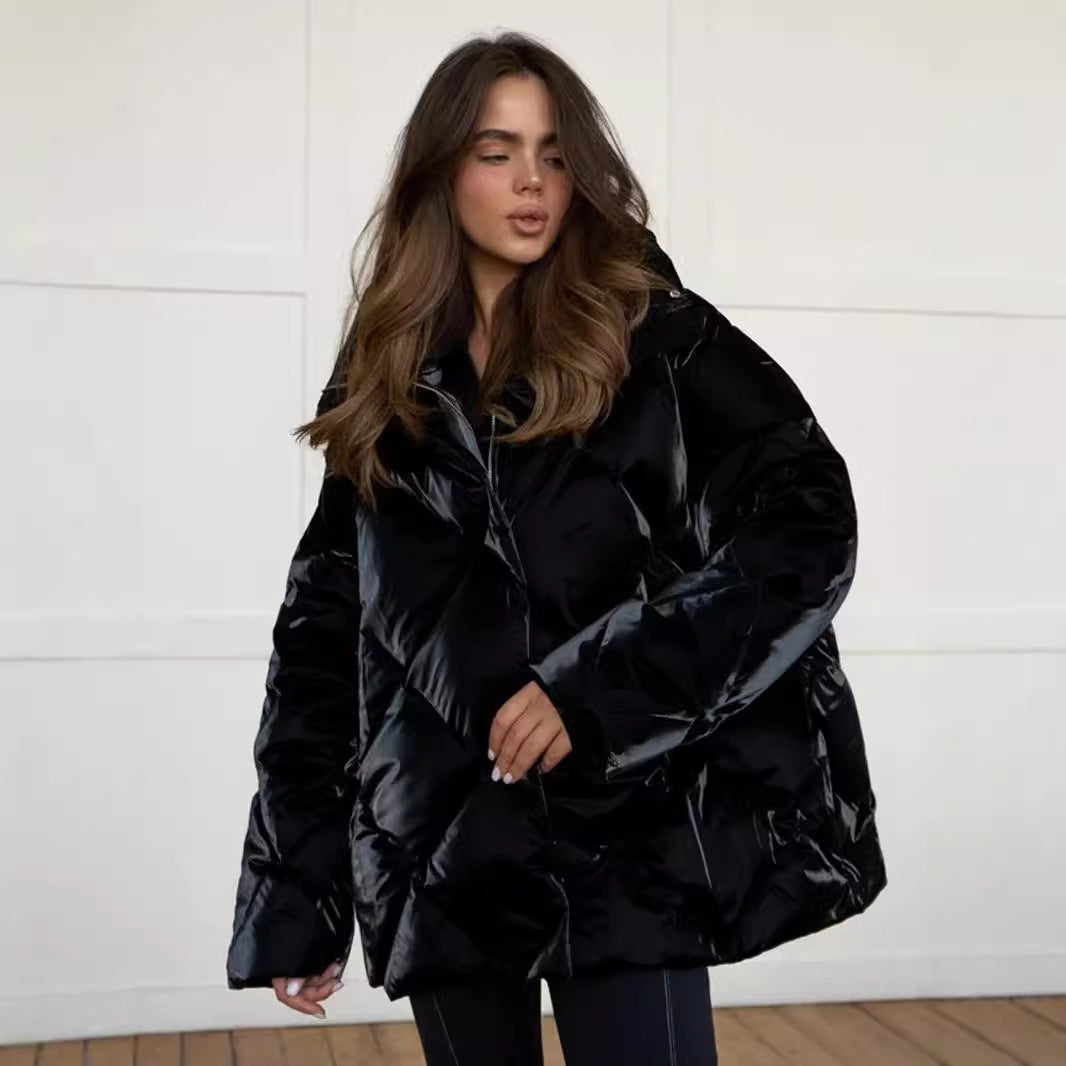 Cross-border rhombus cotton clothes European and American women's clothing autumn and winter new loose coat matte glossy lapel cotton-padded casual jacket