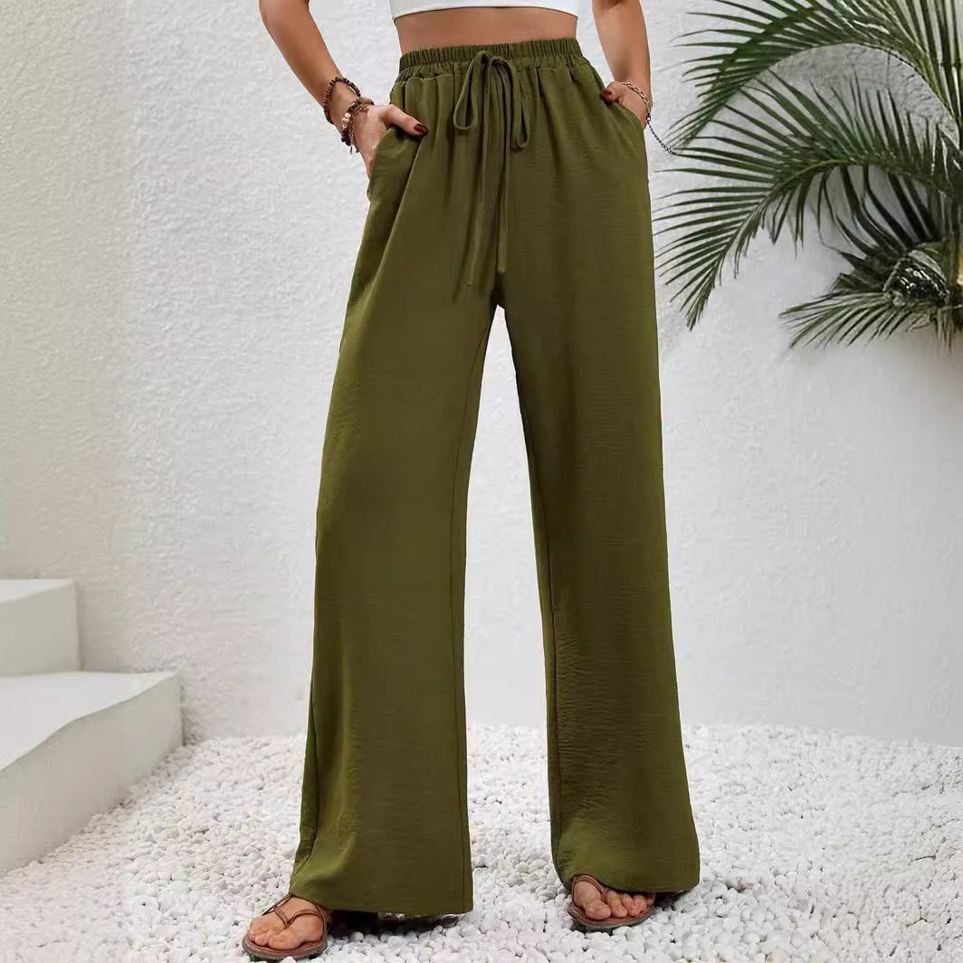 ZllKl Tiktoktemu European and American Women's Clothing Spring and Summer New Versatile Solid Color Mop Wide Leg Pants Casual Pants