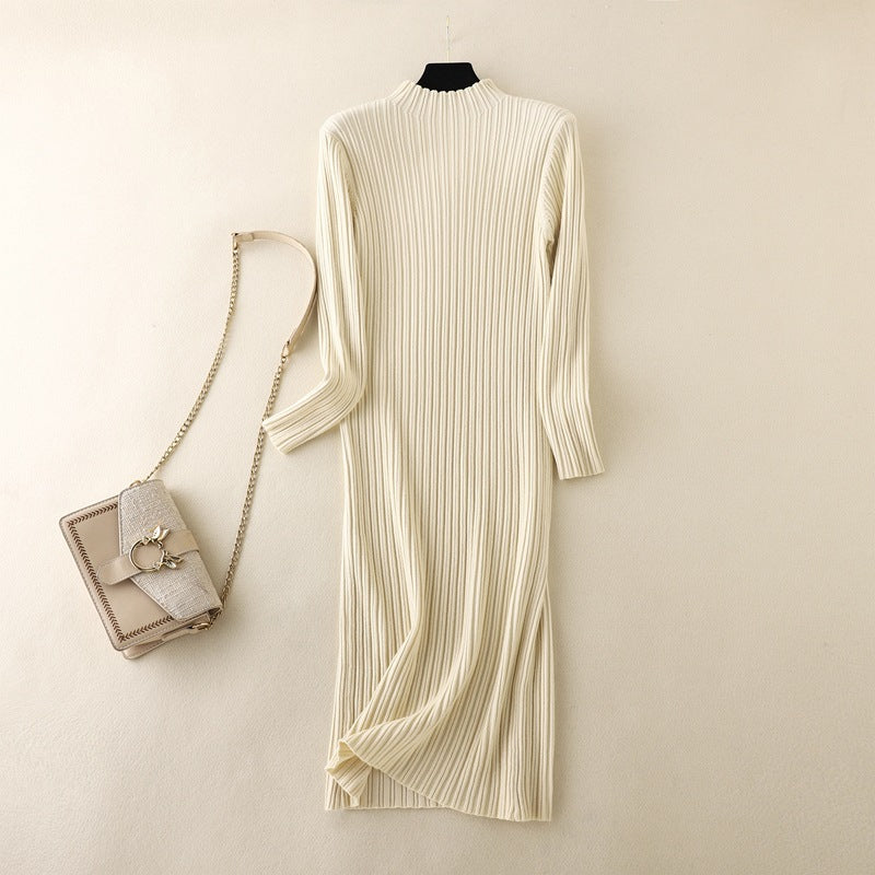ZllKl Winter knitted primer sweater skirt over knee long skirt with coat New new semi-turtleneck thickened dress