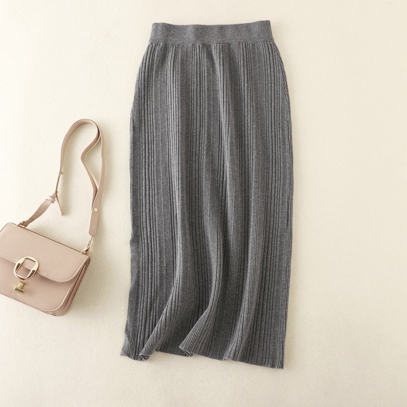 ZllKl New autumn and winter new casual knitted split skirt high waist elastic solid color inner with thin hip skirt women