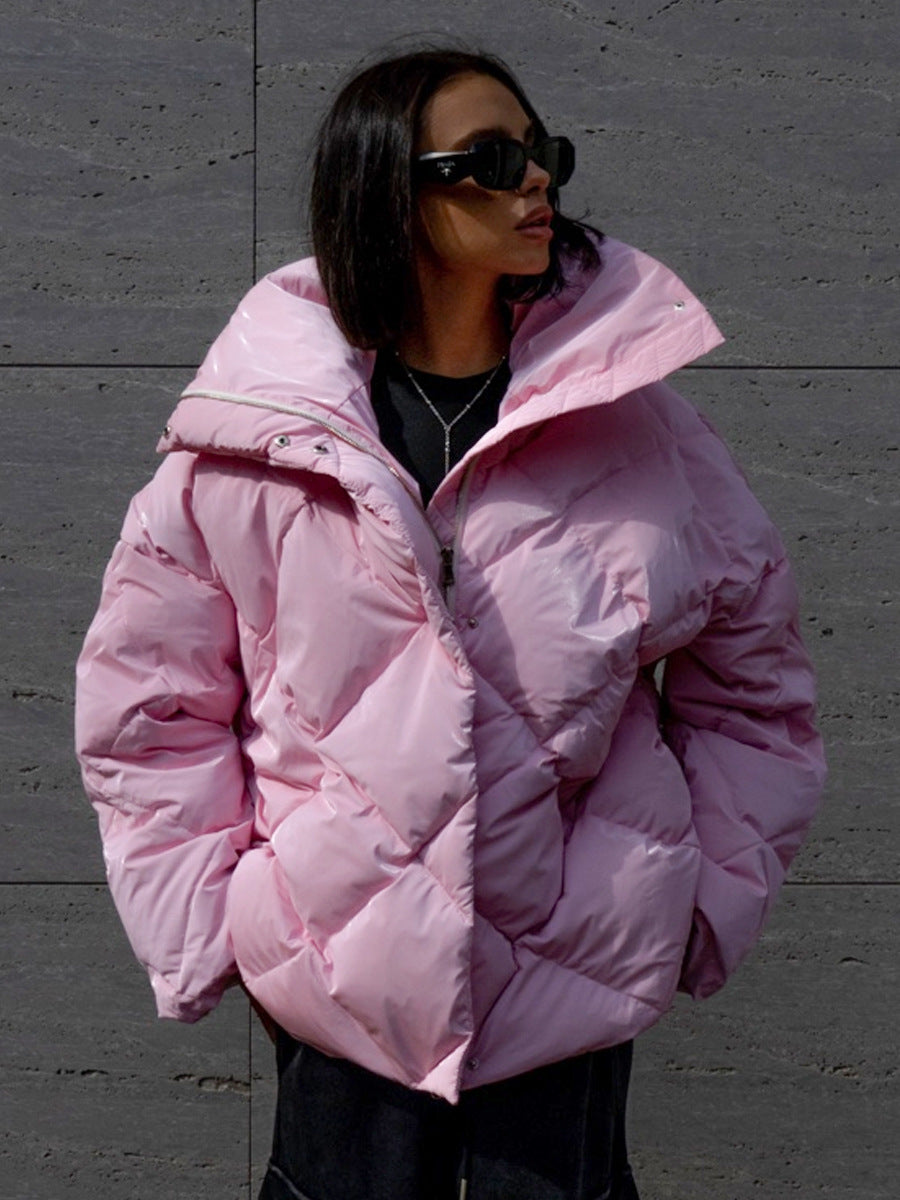 Cross-border rhombus cotton clothes European and American women's clothing autumn and winter new loose coat matte glossy lapel cotton-padded casual jacket