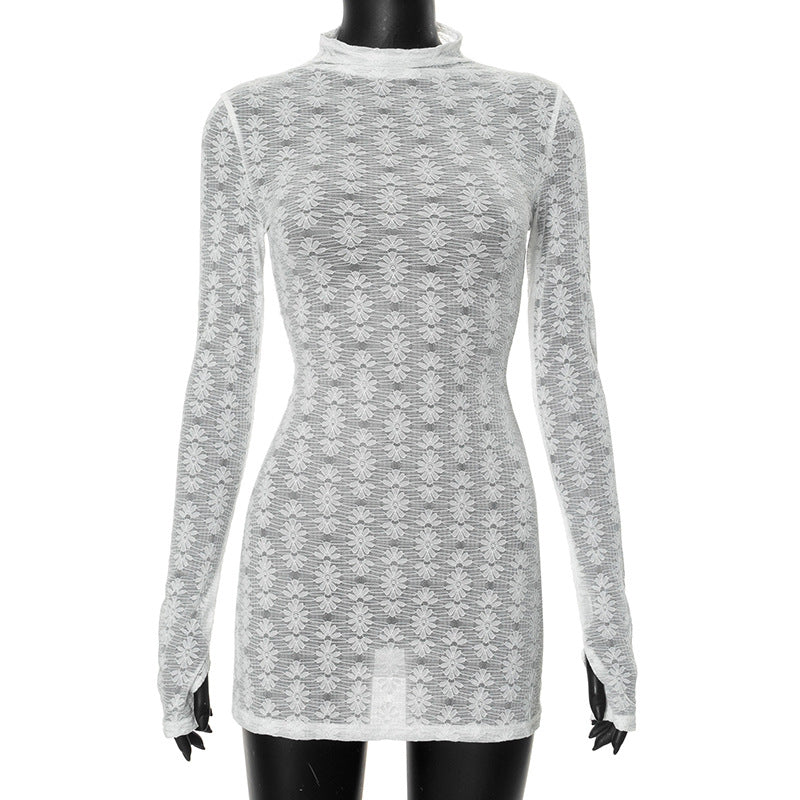 2025 F24DS147 New women's clothing autumn new simple casual solid color round neck long-sleeved lace short dress