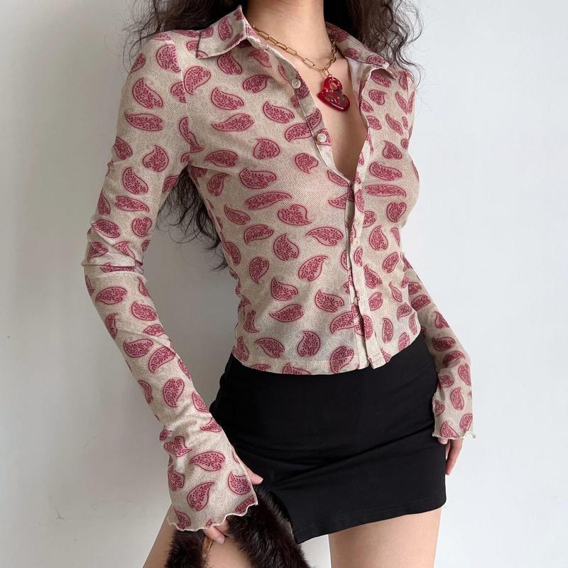 zllkl American Retro Fashion Slim Fit Polo Collar Hot Girl Long Sleeve Shirt Women Western Style Printed All-Matching Slim-Fit Crop-Top