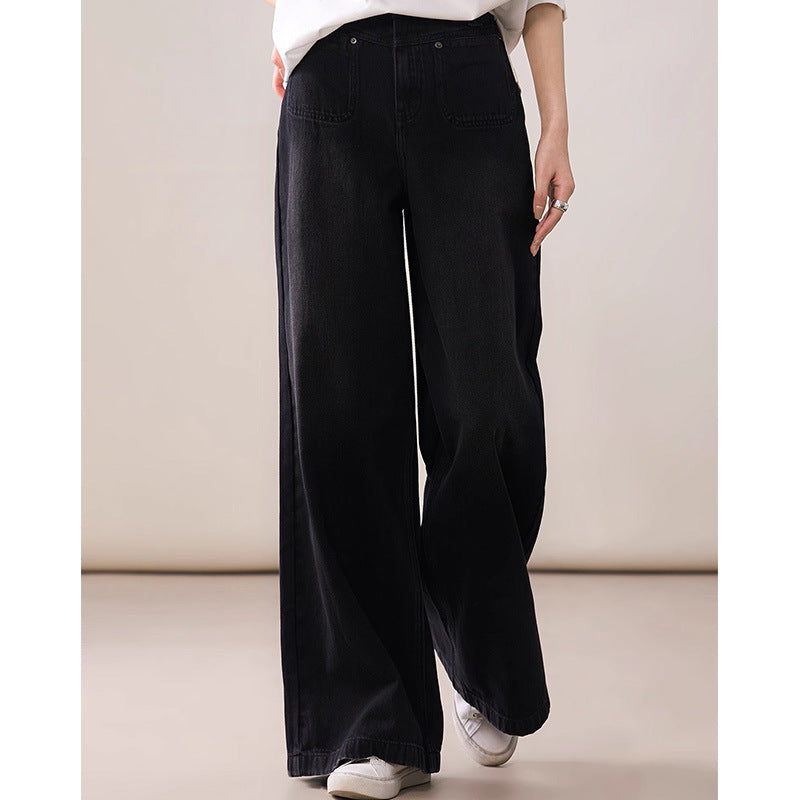 2025 Cotton retro wide-leg casual jeans, black loose high-waisted trousers spring and autumn new women's pants