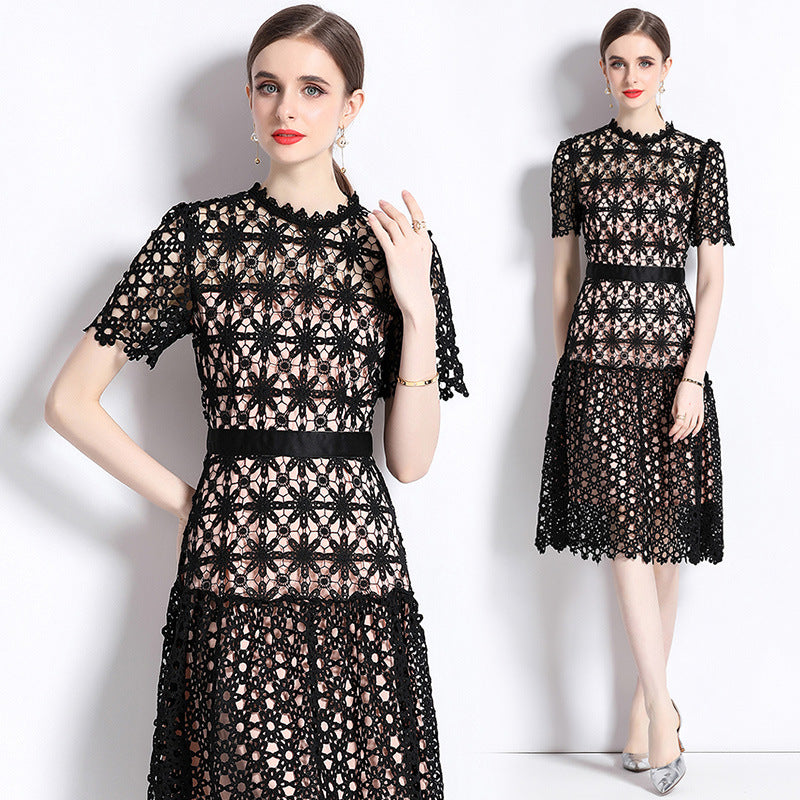 Lightly Mature Design Style Retro Minority Sexy Hollow out Lace Short Sleeve Dress Women's Summer Wear 2023 New