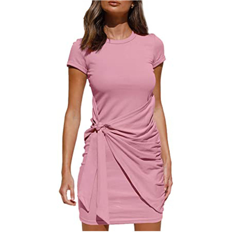 ZllKl European and American Popular Short Sleeve round Neck Pleated Bow Belt Irregular Dress