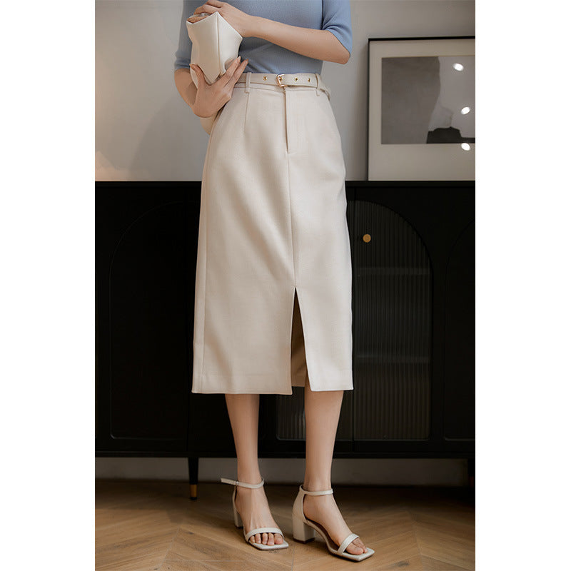 2025 Temperament lady wind~ good match, high waist split fork containing wool skirt white skirt spring and autumn women's clothing