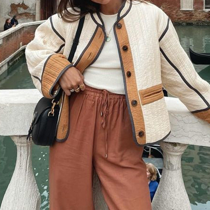 Cross-border 2023 autumn and winter retro printed cotton jacket European and American temperament commuter round neck long sleeve color matching women's cotton-padded clothes